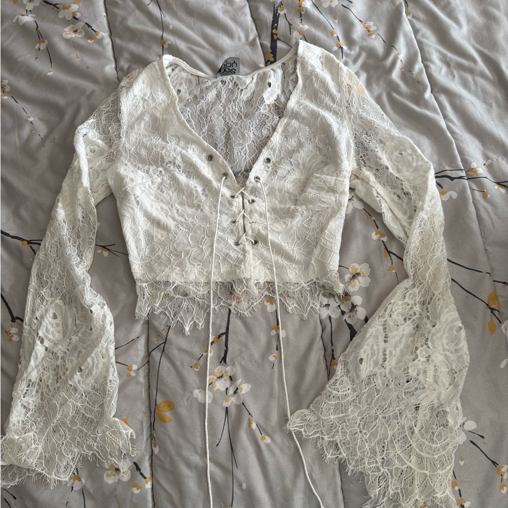 White Lace Bell Sleeve Crop Top